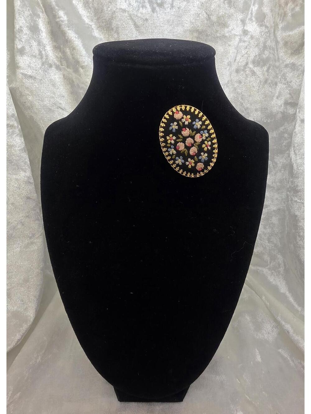 Vintage Petit Point Brooch Floral Needlepoint Pin Oval Black Cottagecore